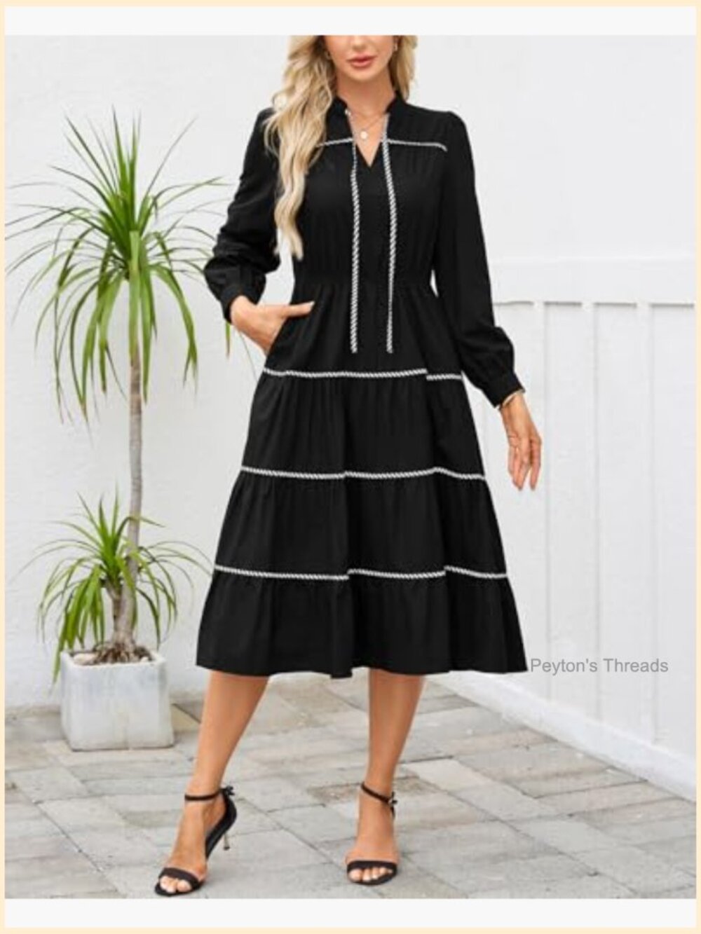 Women's Long Sleeve Tiered Midi Dress V Neck Elastic Waist Flowy Ruffle Dress - Picture 5 of 6